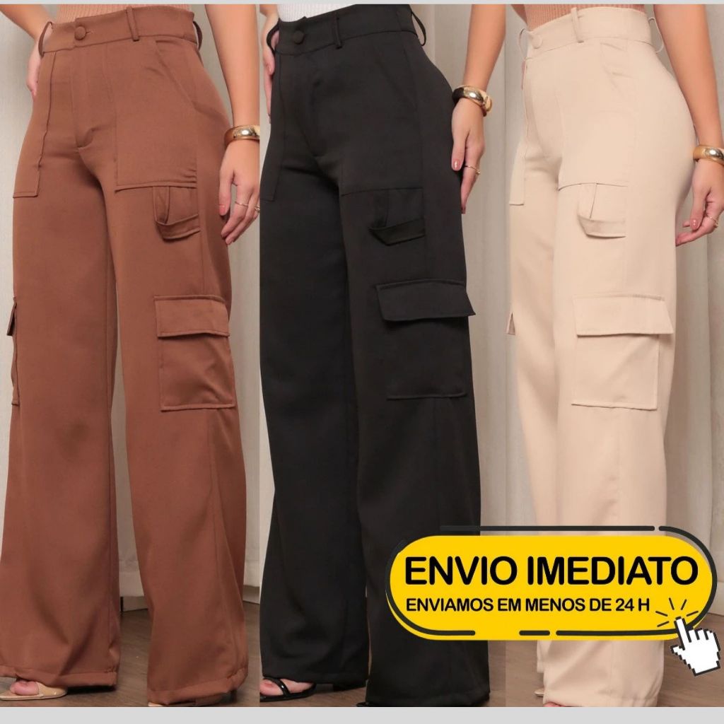 Calça Pantalona Feminina em Alfaiataria Cargo Casual Para Trabalhar ACOMPANHA CINTO em Oferta na Shopee