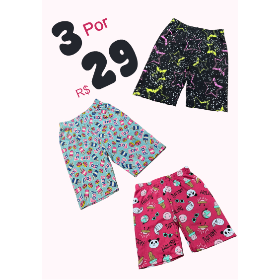 Kit Com 3 Bermudas Legging Ciclistas Infantil Feminino em Malha Suplex Com Elastano - Cores Sortidas - Roupa de Menina