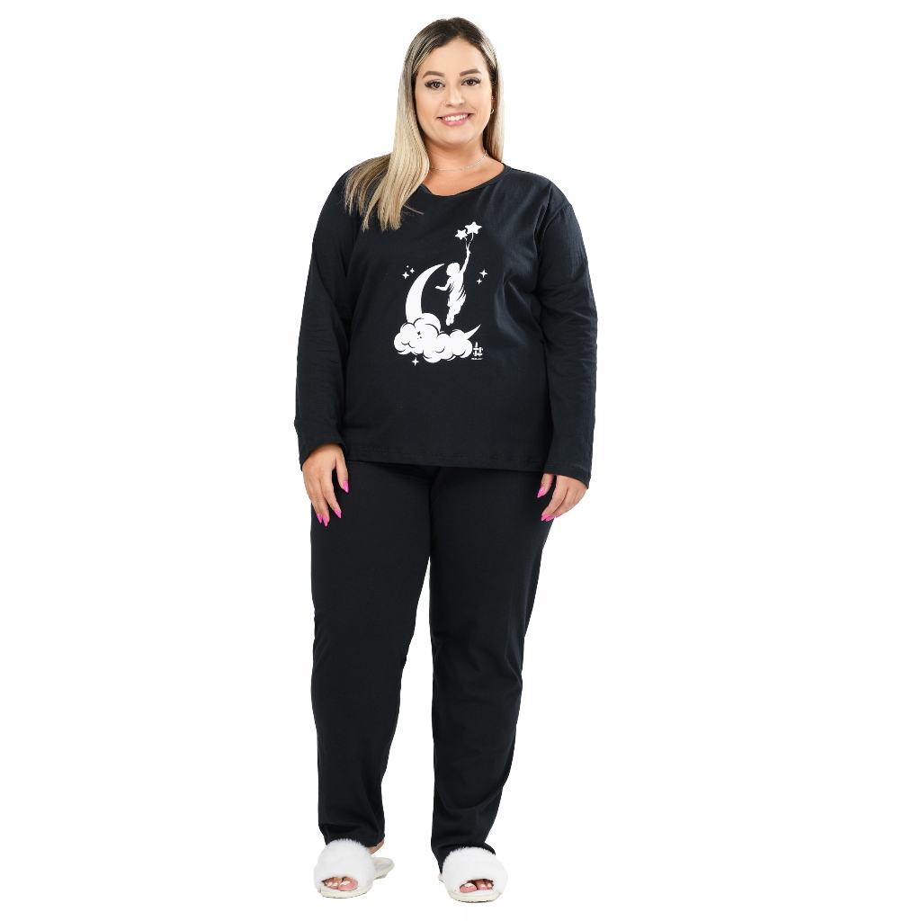Pijama Inverno Feminino Plus Size De Algodão Lua Preto