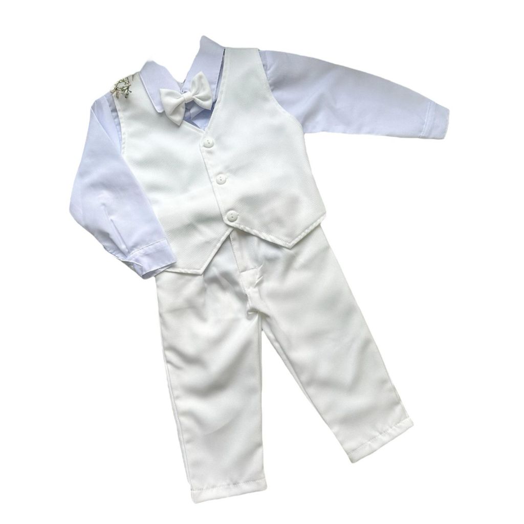 Conjunto Infantil Menino Branco Camisa Social Manga Longa, Calça, Gravata e Colete Noivinho Casamento Pajem Roupa Festa