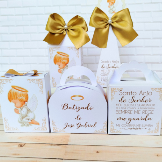 Kit Festa Caixinha Personalizada Lembrancinhas Batizado Dourado Aniversário Menino