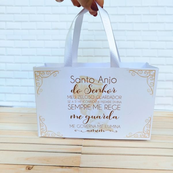 Sacolinha Personalizadas Batizado Branco e Dourado Caixinha Lembrancinhas Personalizadas