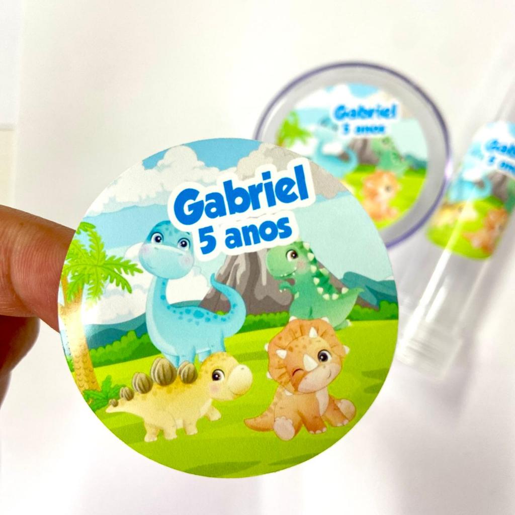 Kit Teg Adesivos Rótulos Redondo Personalizado 4X4 e 5X5 CM Festa Aniversario Dinossauro Baby