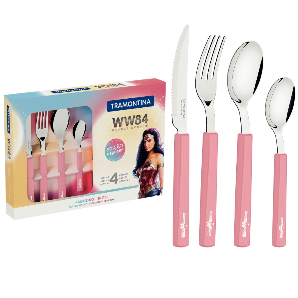 Faqueiro Tramontina Mulher-Maravilha com Lâminas em Aço Inox e Cabos de Polipropileno Rosé 16 Peças - Home & Living