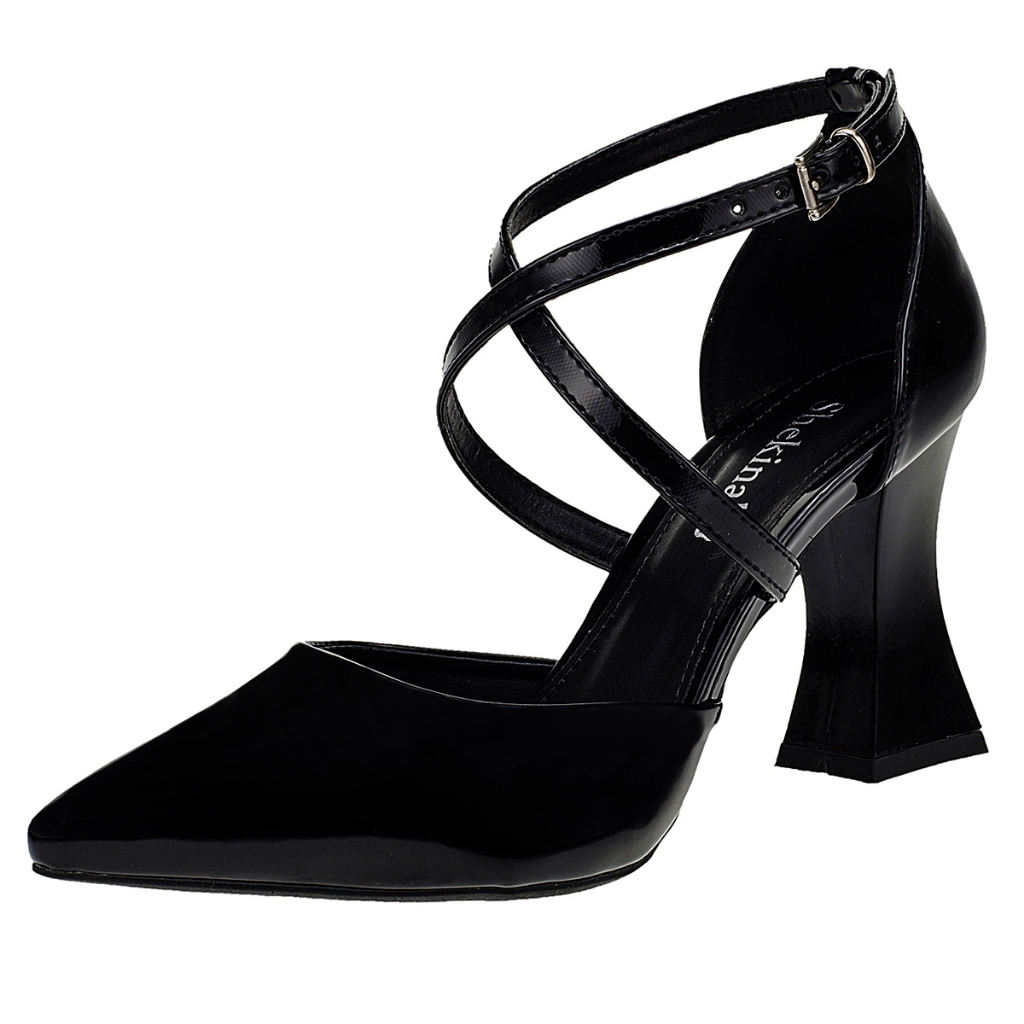 Scarpin Bico Fino Salto Alto Geométrico Taça Shekinah Tiras Cruzadas Saia e Blusa Moda