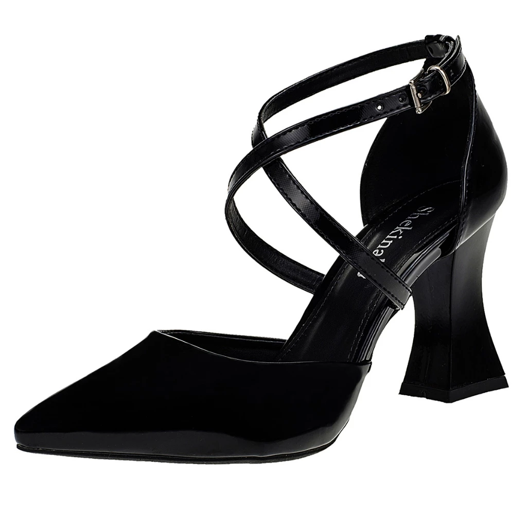 Scarpin Bico Fino Salto Alto Geométrico Taça Shekinah Tiras Cruzadas Saia e Blusa Moda