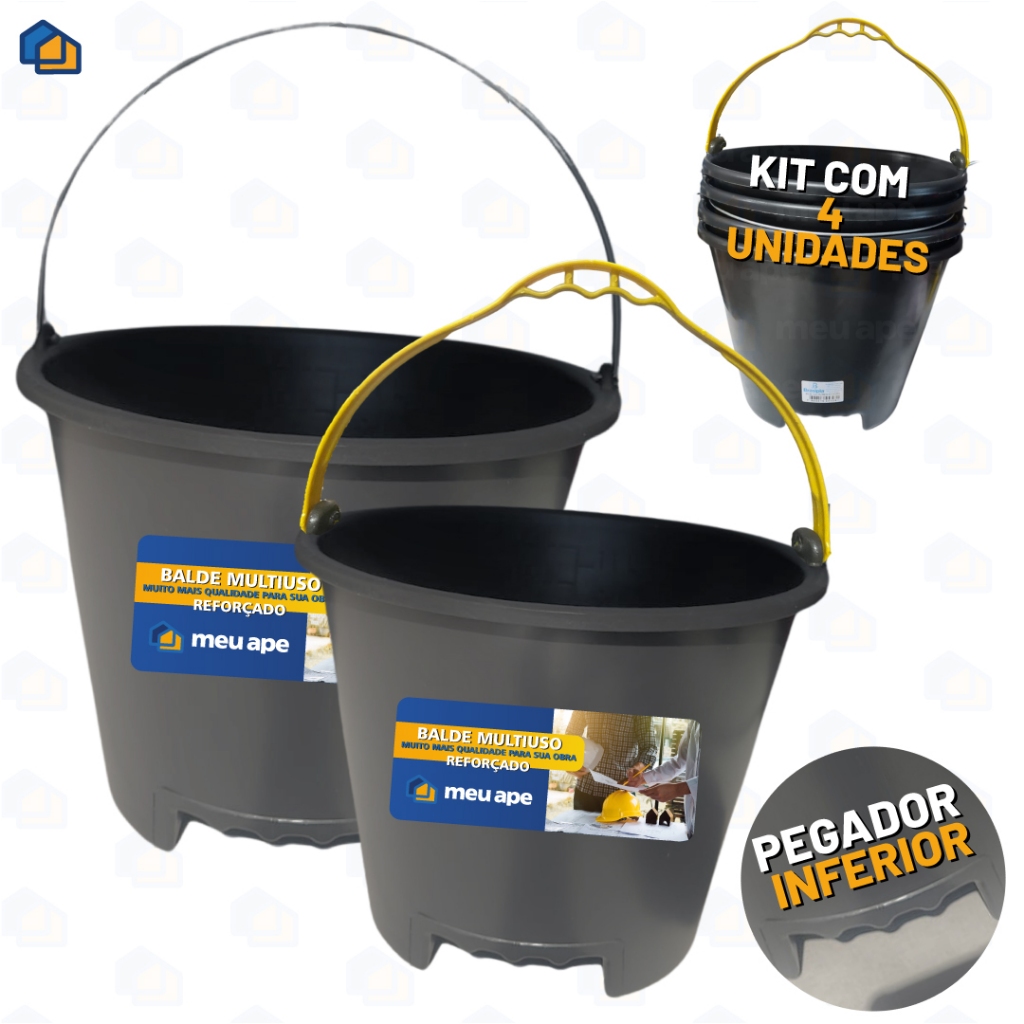 4 Balde Plástico Reforçado 12L Obras Concreto Lavanderia Off
