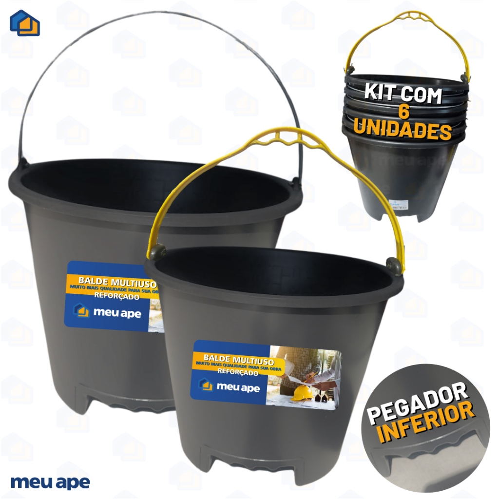 6 Balde Plástico Reforçado 12L Obras Concreto Lavanderia Off