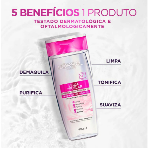 Água Micelar Loreal Paris Hialuronico, Protetor Solar Efeito Matte Solução de Limpeza 5 em 1 - 200ml e 400ml