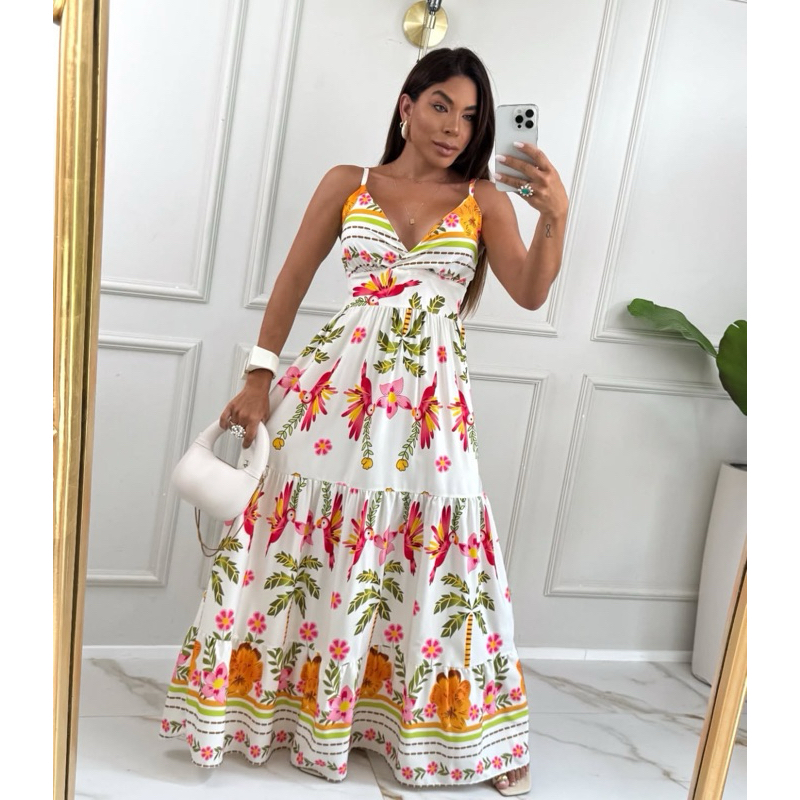 Vestido Longo inspirado em estampas tropicais