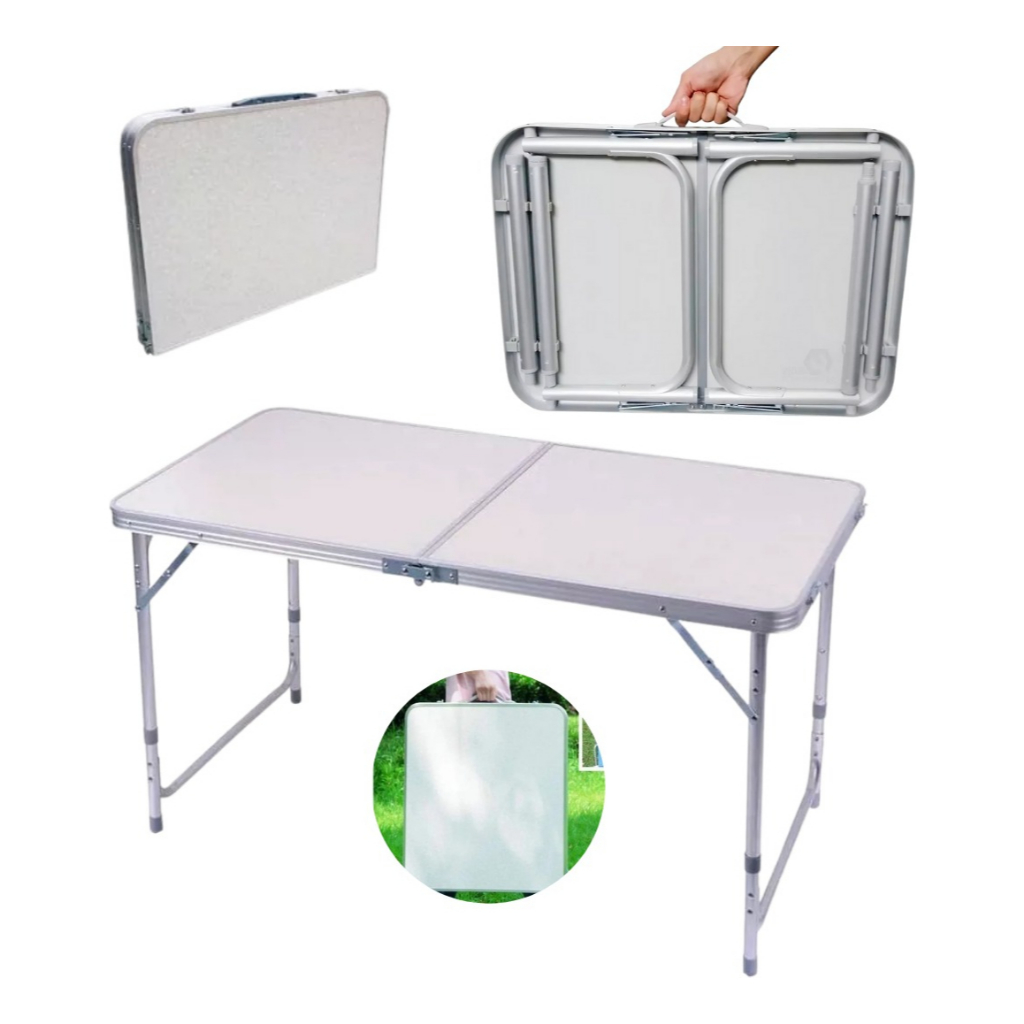 Mesa Prática Dupla Alumínio 120x60  e 80x60 Dobrável Vira Maleta Mor Camping e Evento em Oferta na Shopee