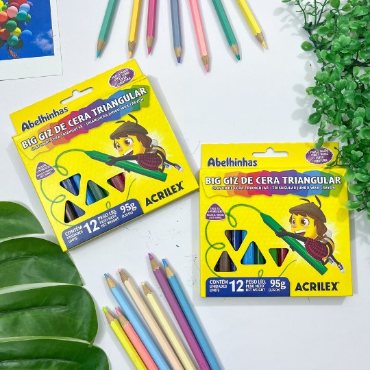 Big Giz de Cera Longo Triangular 12 cores - Acrilex em Oferta na Shopee