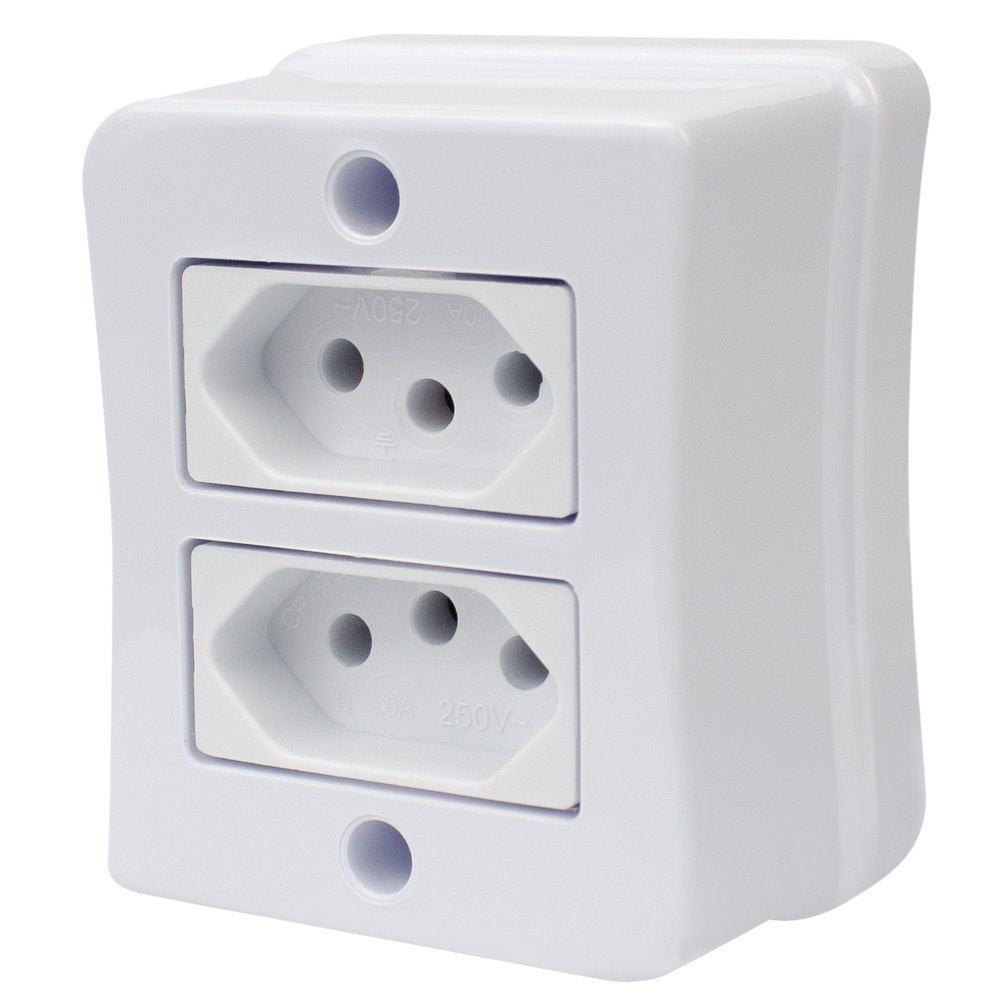 Kit 10 Tomada Dupla 2p+t 10A Sobrepor Externo Com Placa Espelho Branco Linha Viena Bivolt 127v 250v
