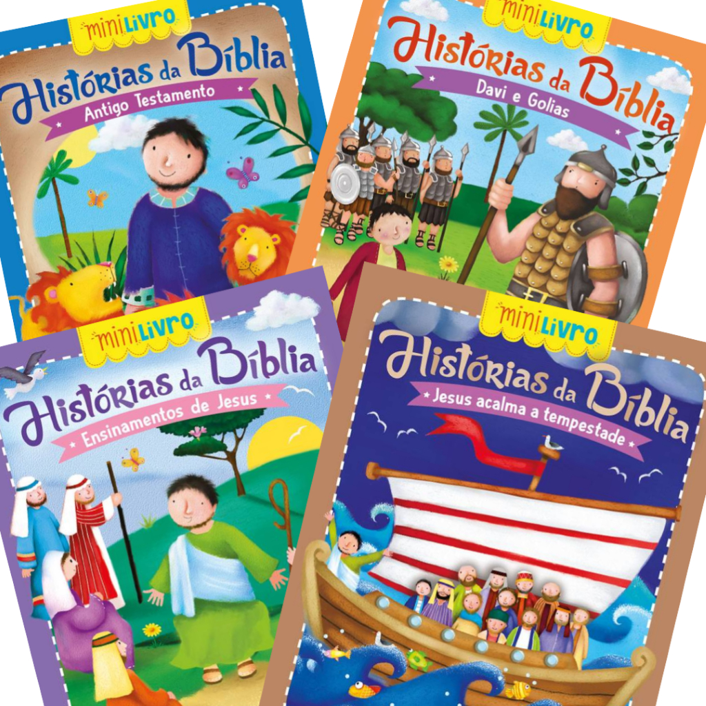 4 MiniLivro Infantil Histórias Biblia,AntigoTestamento, Davi e Golias, Ensinamentos de jesus, Jesus acalma a tesmpestade