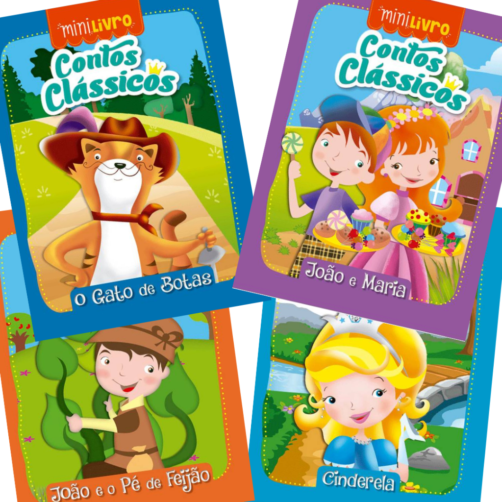 4 Mini Livros Contos Clássicos Histórias Infantil Gato de Botas, João e Maria, João e o pé de Feijão, Cinderela