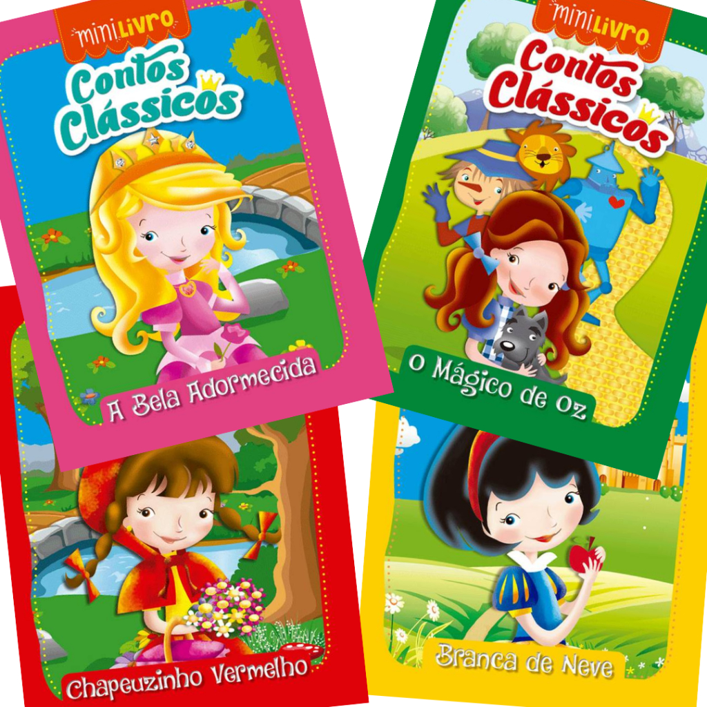 Kit 4 Mini Livro Contos Clássicos Histórias Infantil A Bela Adormecida, Magico de Oz, Chapeuzinho vermelho, Branca Neve