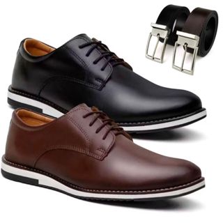 Kit 2 Pares de Sapato Social Masculino Oxford Derby Elegante de Couro Premium Confort Estiloso + Cinto Dupla Face em Oferta na Shopee