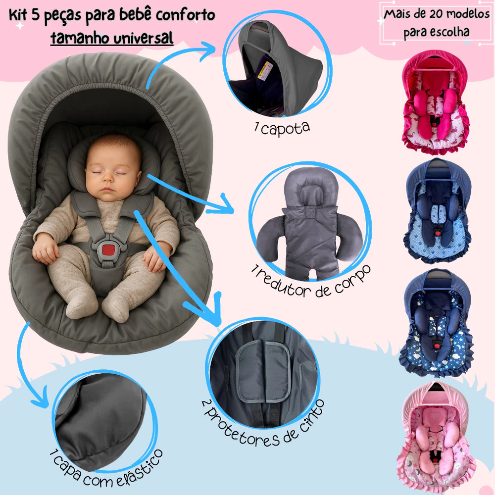 Kit bebê conforto 5 peças Capa acolchoada Capota Redutor de corpo protetor de cinto até 13 kg