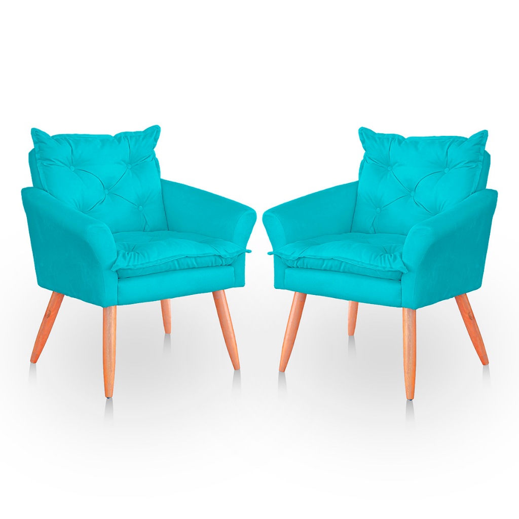 Kit 02 Cadeira Poltrona para Sala e Quarto Confortável e Reforçada Veludo Azul Turquesa