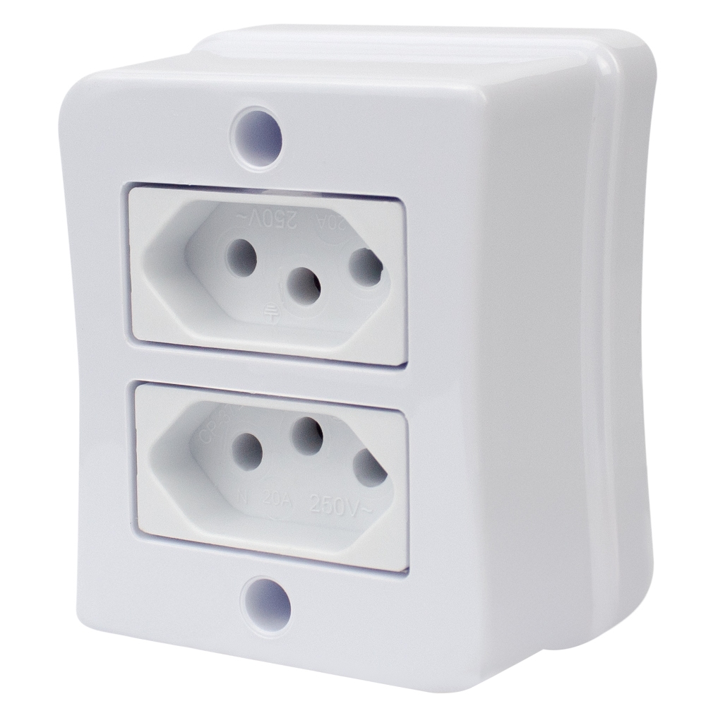 Kit 5 Tomada Dupla 2p+t 20A Sobrepor Externo Com Placa Espelho Branco Linha Viena Bivolt 127v e 250v