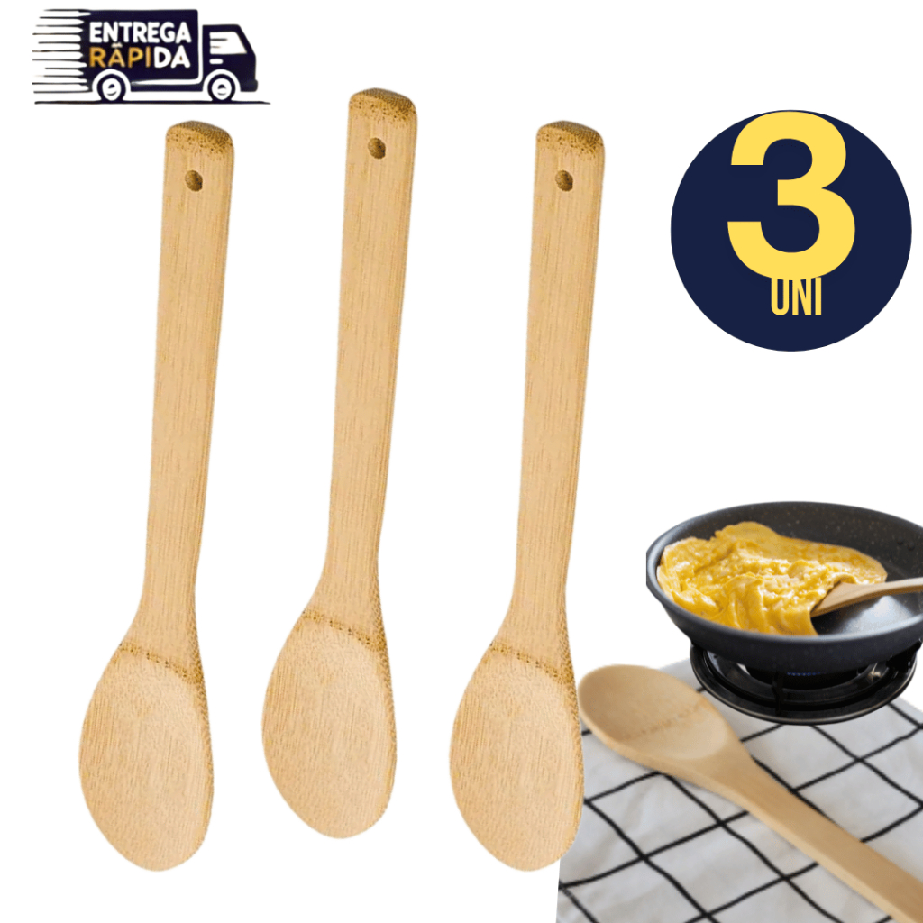 Jogo Conjunto Kit 3 Colher De Bambu 30cm Madeira Bamboo Pau Para Cozinha Multiuso Variáveis Utilidades