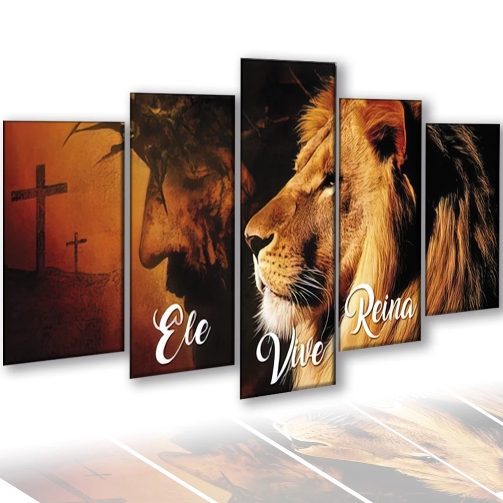 Kit quadro leão de juda com jesus e cruz ele vive e reina 115x60 grande sala quarto cozinha escritor
