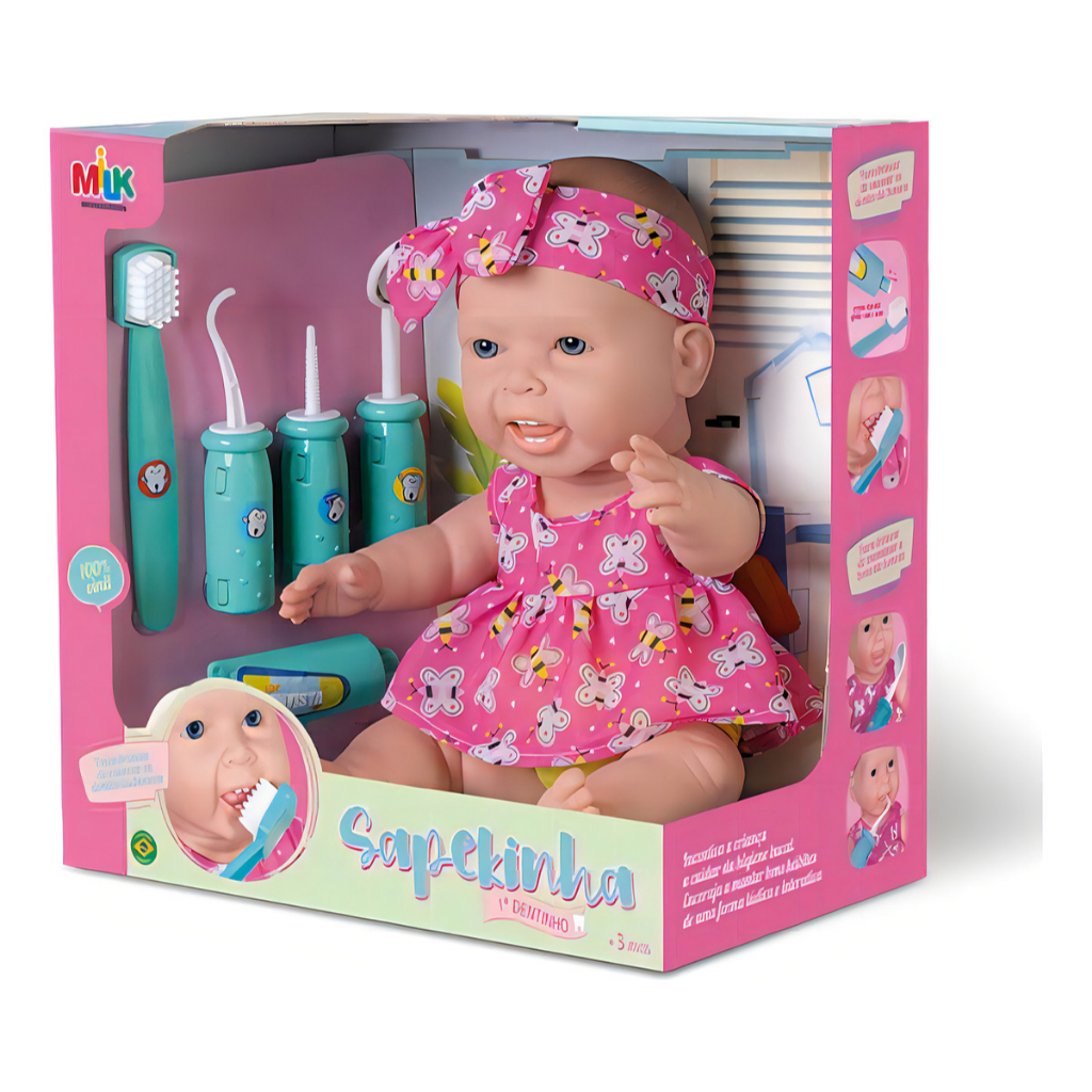 Boneca Sapekinha Vinil Primeiro Dentinho Com Acessórios Milk