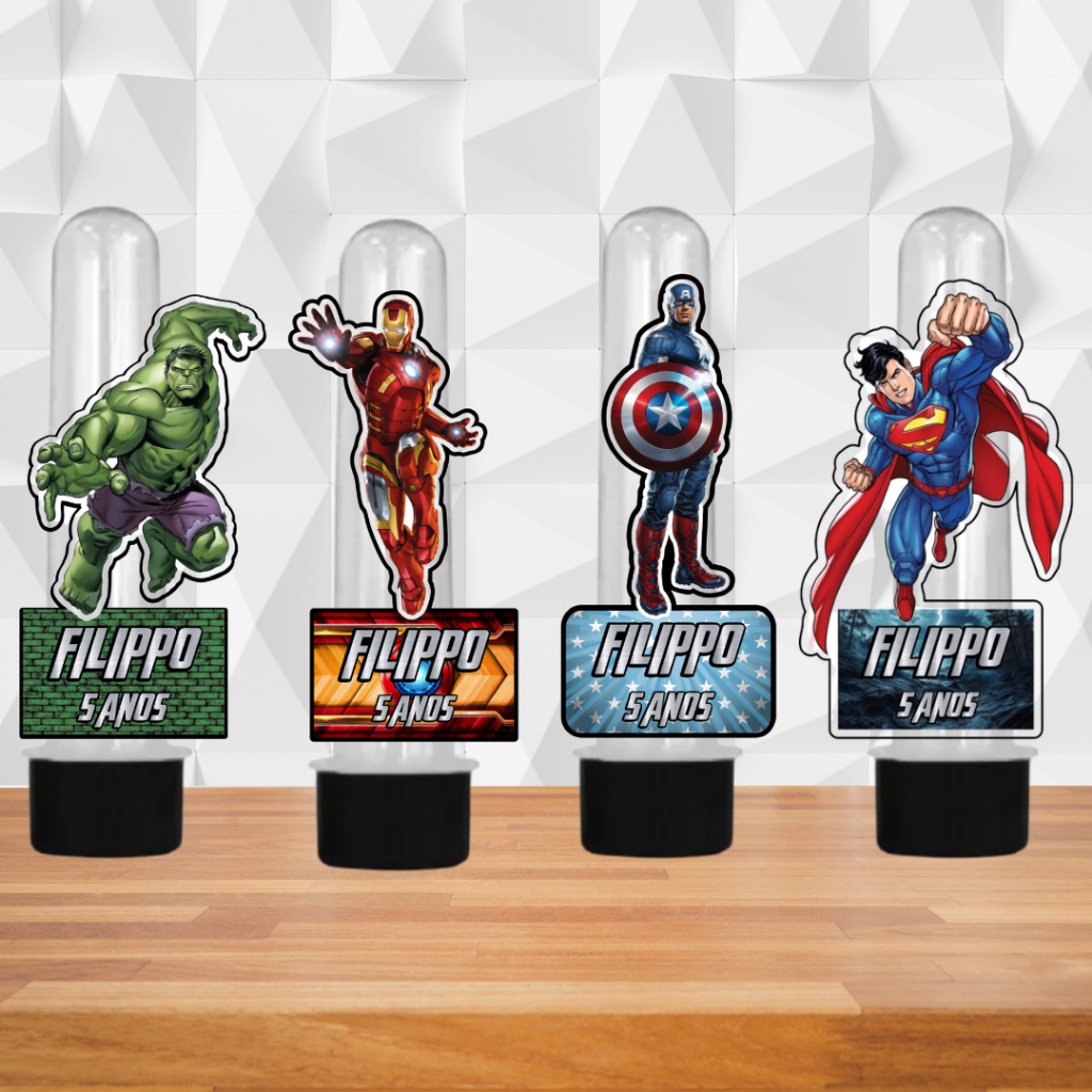 Kit Aplique 3D para Tubete - Super Heróis - Personalizado - Lembrancinha Aniversário Infantil/Decoração de Mesa