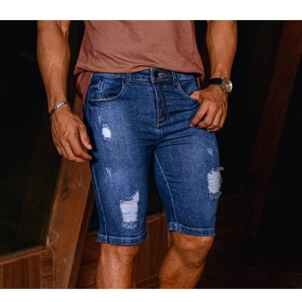 Short Masculino 38 ao 46 Jeans Destroyed Rasgado Bermuda com Elastano