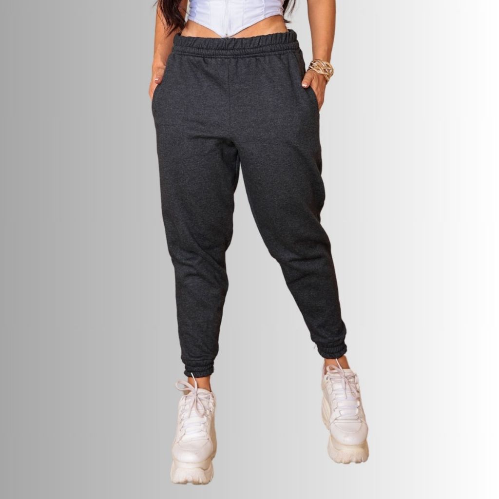 Calça Jogger Moletom Bolso Flanelado Feminina Cintura Alta Com Bolso