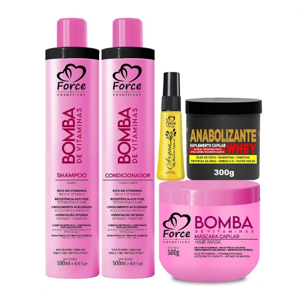 Kit Nutrição Capilar Bomba de Vitaminas Force Cosméticos – Nutrição, Crescimento e Brilho! (5 itens)