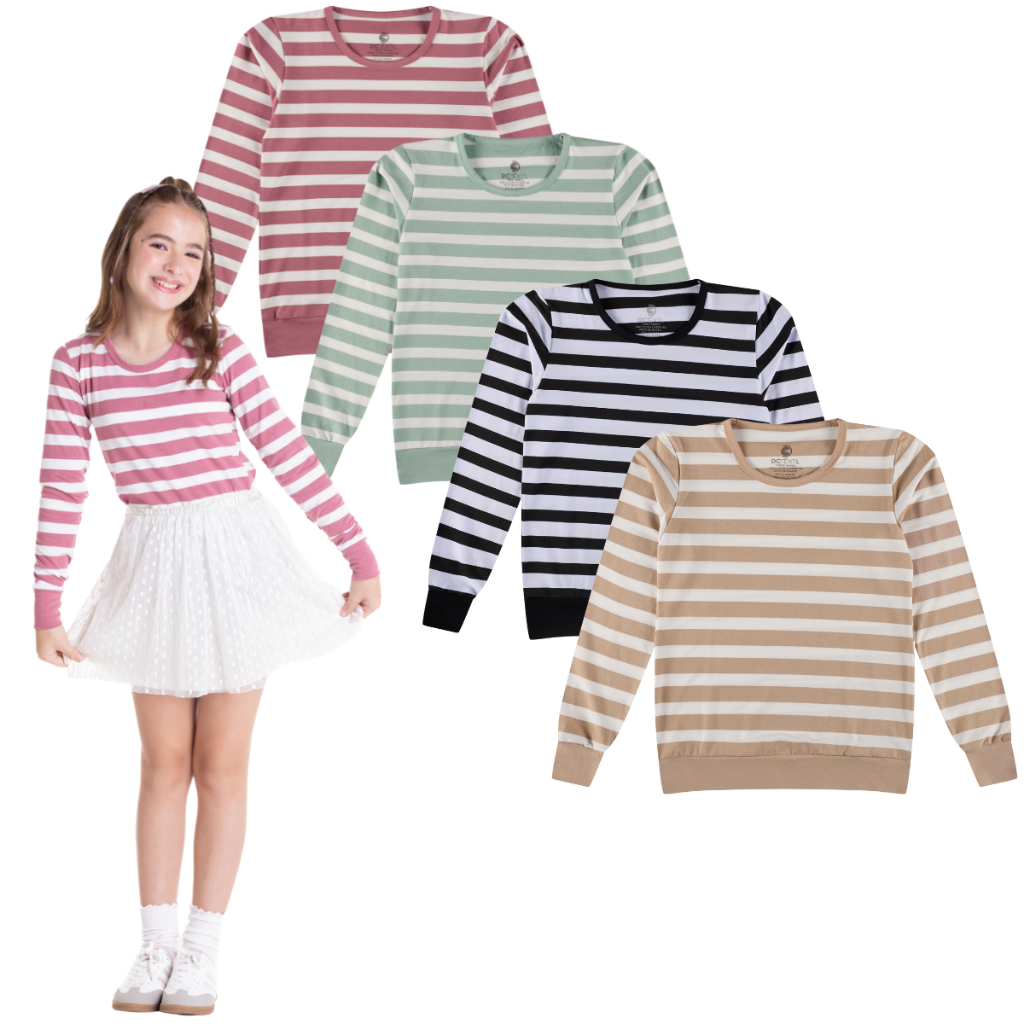 Blusa Cotton Manga Longa Listrada Juvenil Menina Tamanho 12 ao 16 em Oferta na Shopee