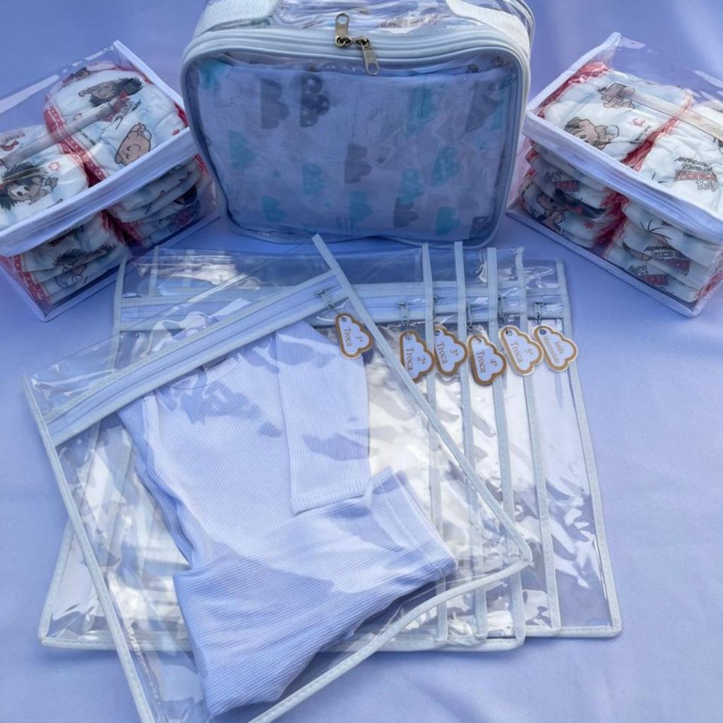 Imagem Kit 6 Saquinhos Bebe Organizador Mala Maternidade TAG + 3 Nécessaires Porta Fraldas Remédio Higiene.