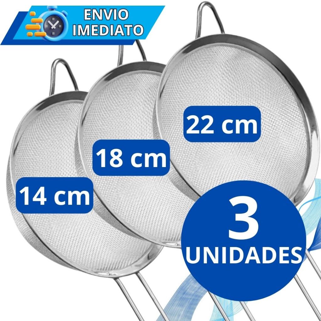 KIT 1/3 Unid Peneira Coador de Aço Inox 22cm 18cm 14cm 12cm para Cozinha Casa Restaurante Doceria Oleo Farinha Tapioca