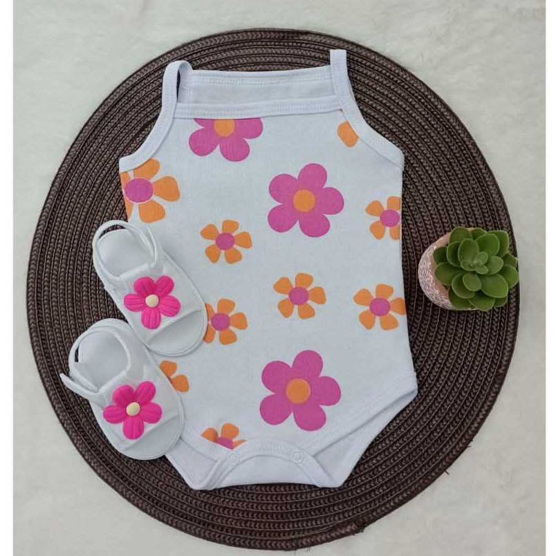 Conjunto Sandalia Flor Com Body Alcinha Bebe Menina  Roupa Verão Estampado 100% Suedine