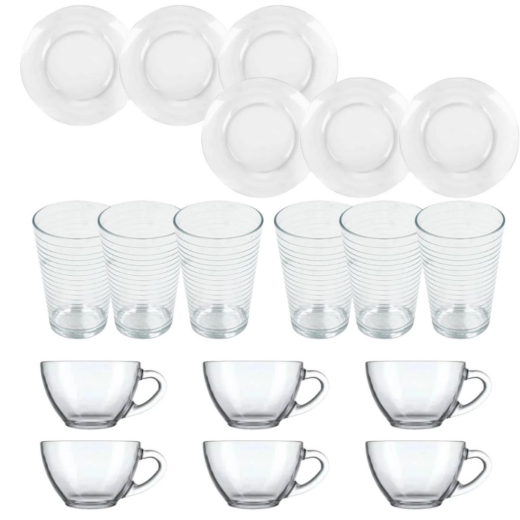 Kit Pratos Copos Xícara Aparelho Jantar Chá Vidro Fundo Vasilha Cozinha Jogo Completo Prato Transparente Duralex