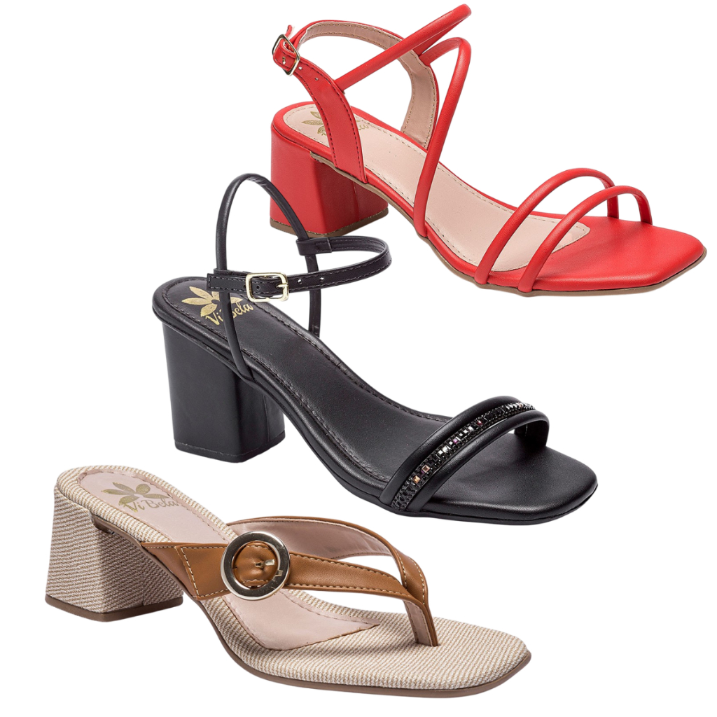 Kit 3 Pares Sandália Vi Bela Feminina Cores Conforto Salto Bloco Casual Elegante Salto Baixo Moda