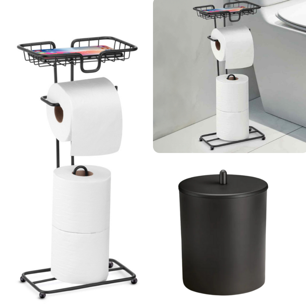 Kit Acessorios Para Banheiro Com Lixeira Porta Papel Higiênico De Chão Preto Premium Cesto De Lixo