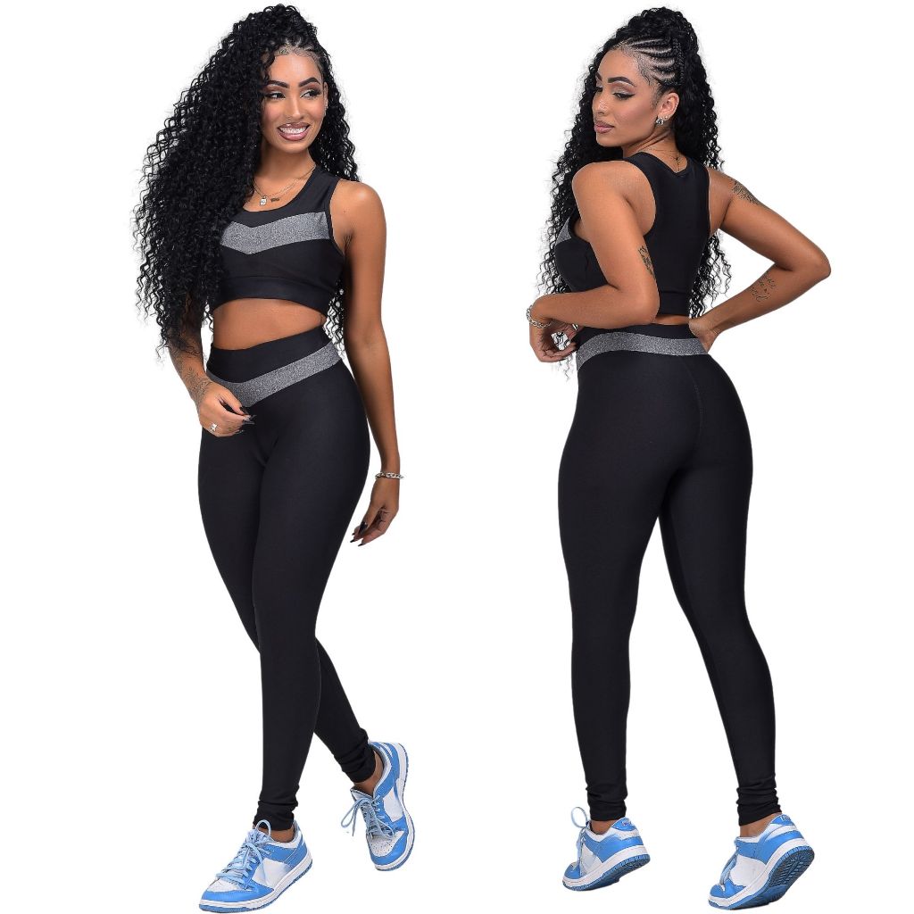 Conjunto academia top e calça leg feminino fitness luxo suplex em Oferta na Shopee