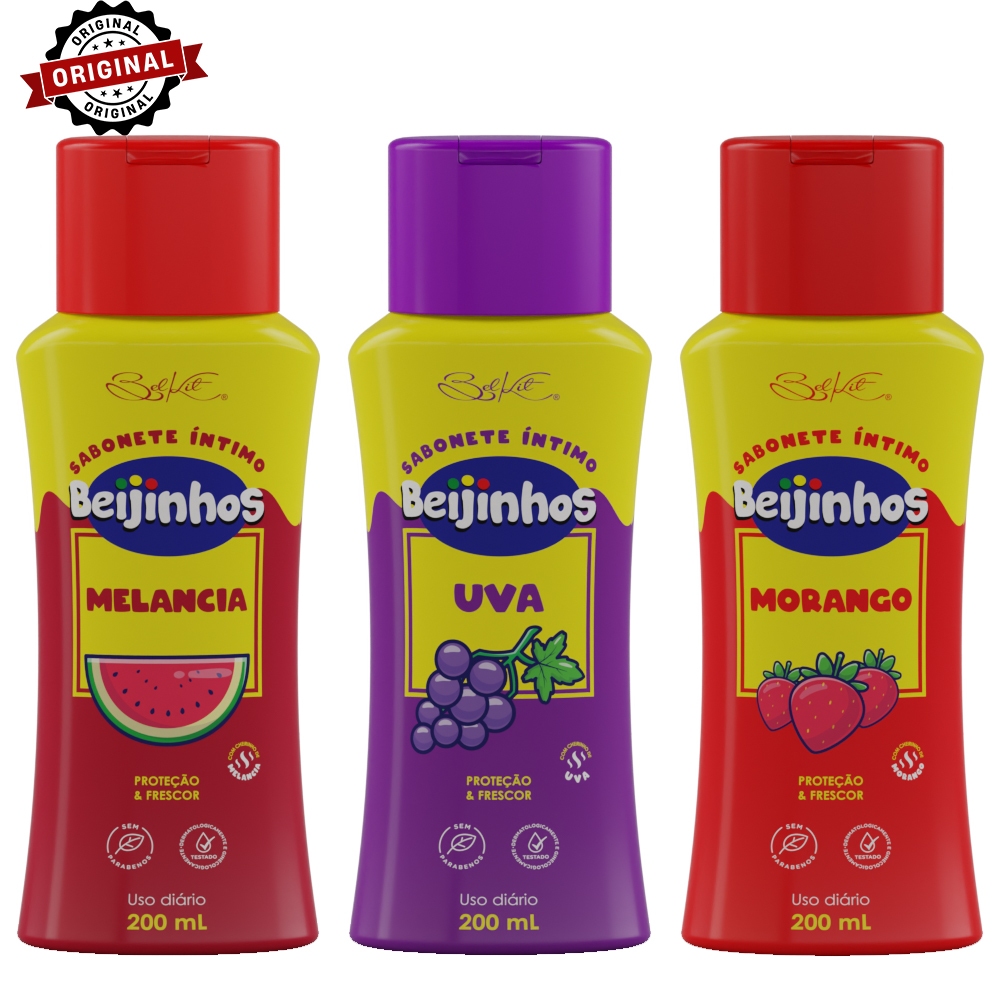 Kit Sabonete Intimo Feminino Liquido Beijinhos BELKIT (200 ml) | Morango, Uva e Melancia