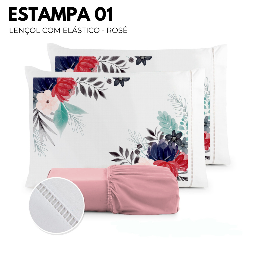 Kit Jogo de Lençol Micropercal 400 FIOS - Compouse - Acabamento Ponto Palito Fronha Estampa Floral