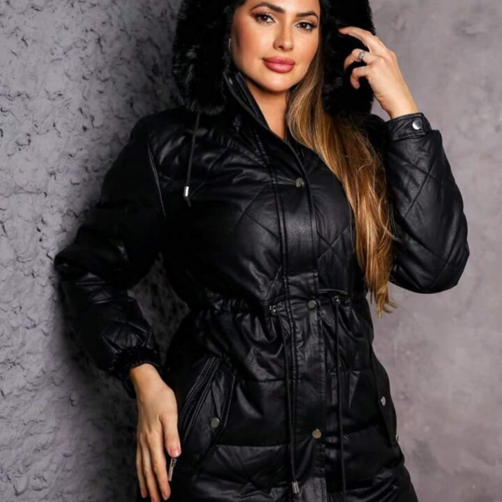 Parka Jaqueta Feminina Couro de Veludo Peluciada Premium Com Capuz