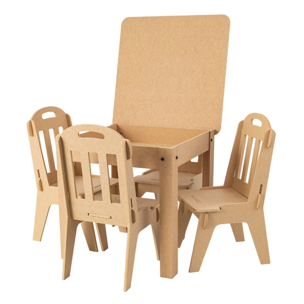 Conjunto Mesinha Mdf cru Infantil Didático + 4 cadeiras Compartimento Quadrada mesa crianças