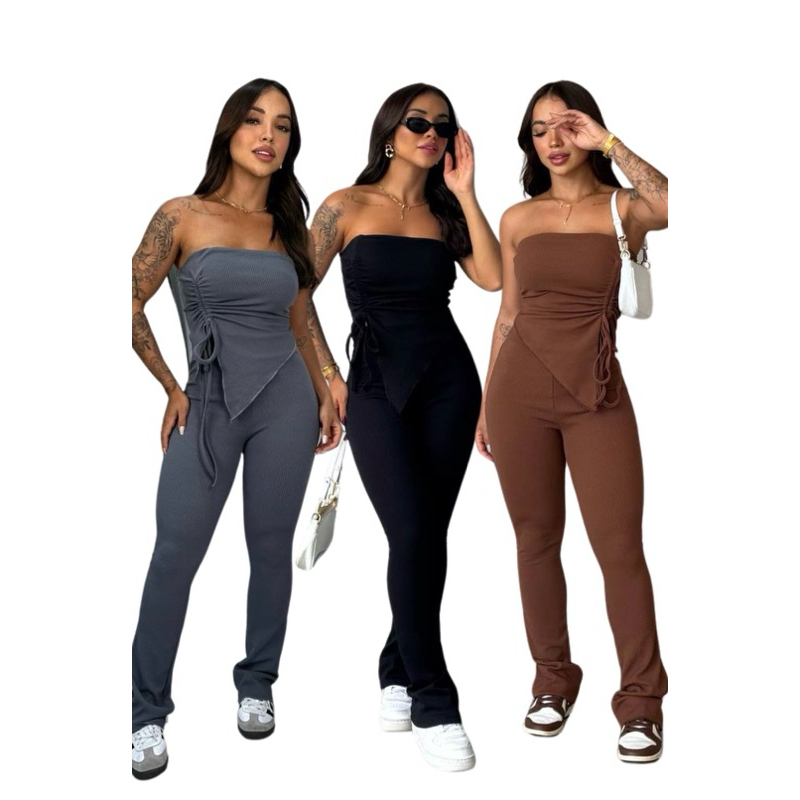 Conjunto Feminino Tomara Que Caia e Calça Flaire Ribana Alfaiataria Canelado