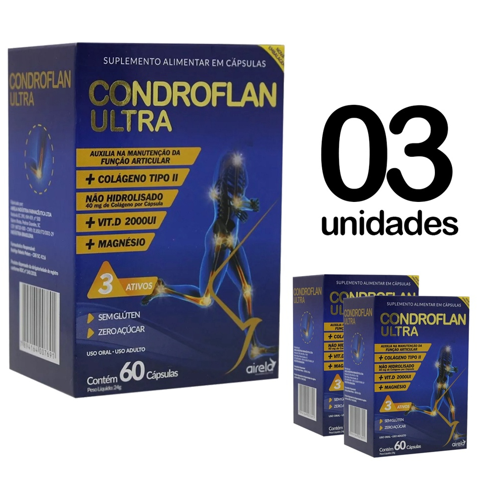 03un Condroflan Ultra Colágeno Tipo II Vitamina D e Magnésio 60 Cápsulas Airela
