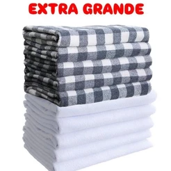 Kit 10 Panos de Chão Grande Xadrez + Branco Alvejado