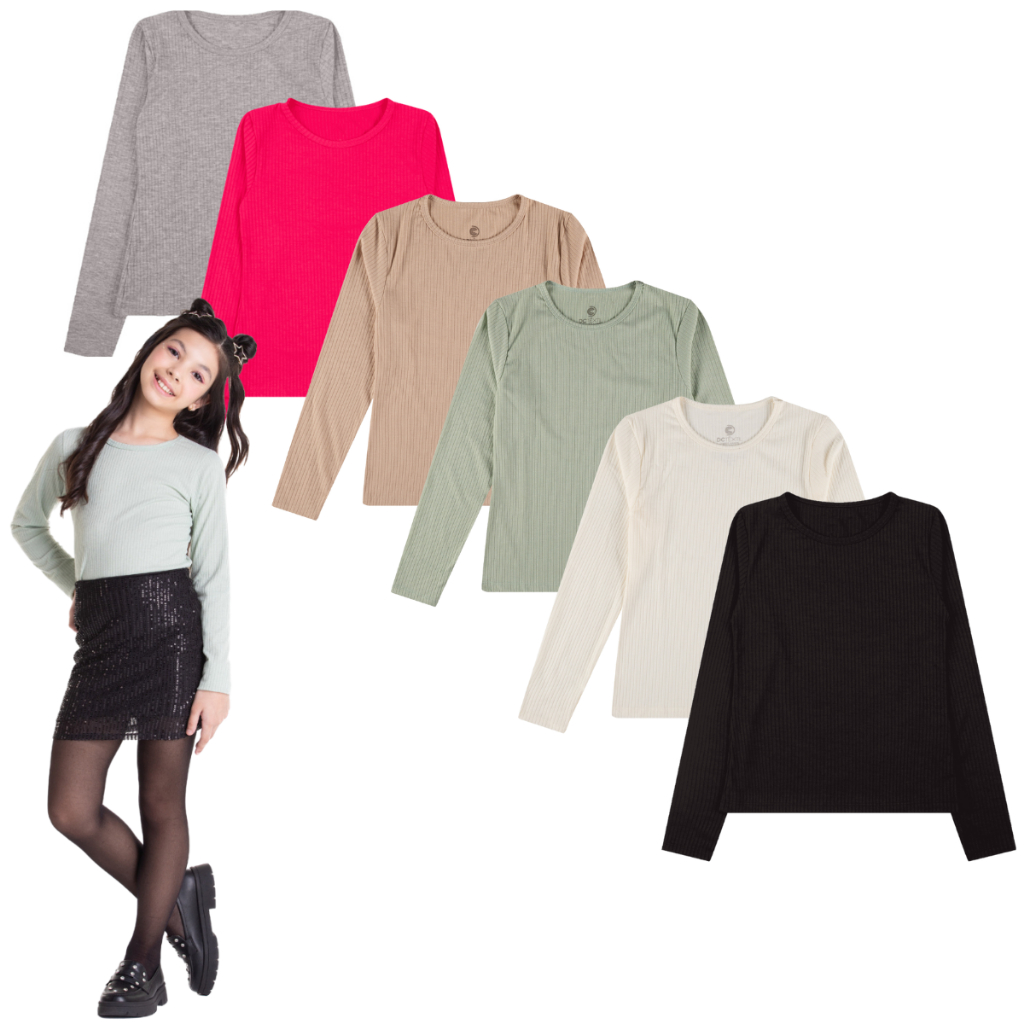Kit 2 Blusa Malha Canelada Manga Longa Infantil Juvenil Menina Tamanho 10 ao 16
