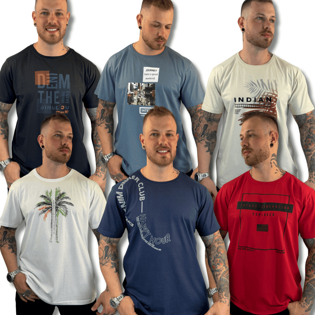 Kit Sortido 3 Camisetas Estampada Plus Size Masculina Adulto Manga Curta do G1 ao G3