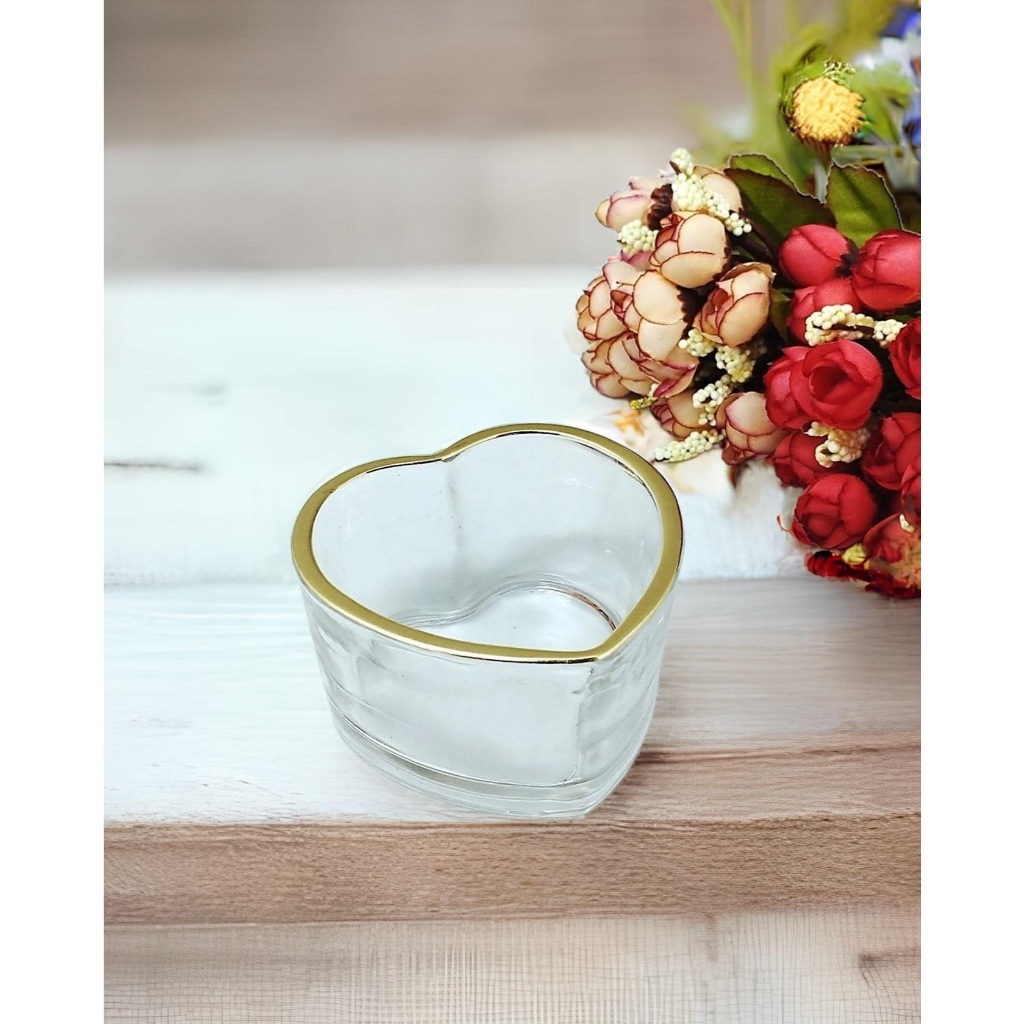 Castiçal De Vidro/ Porta Velas Coração Com Borda Dourada