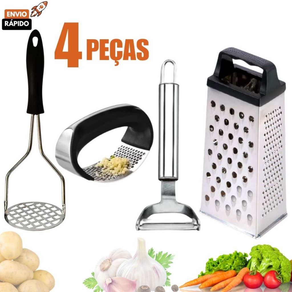Jogo 4 Peças Ralador 4 Faces Amassador Batata Amassador Alho Descascador de Legumes em Aço...